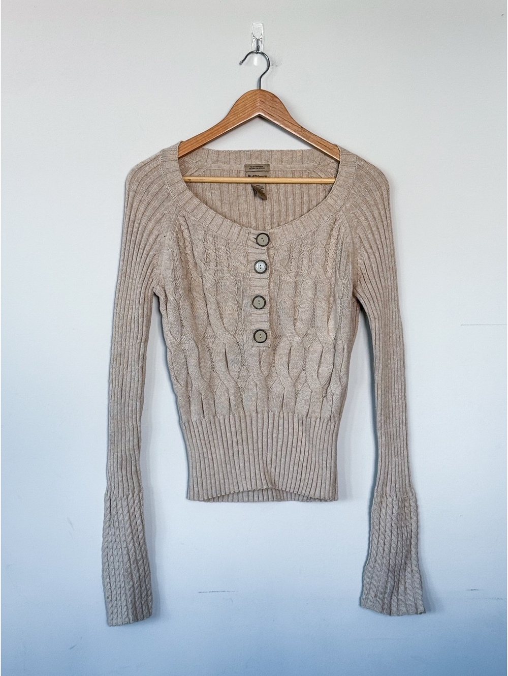 Y2K Ruff Hewn Bella Swan Flare Sleeve Knit Scoop Neck Button Front Sweater Tan